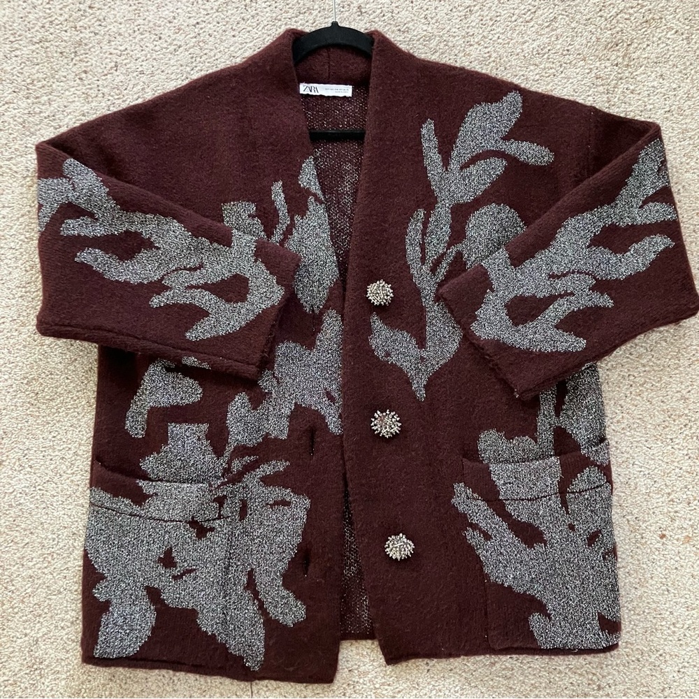 ZARA • burgundy silver sweater cardigan coatigan coat - Picture 2 of 4